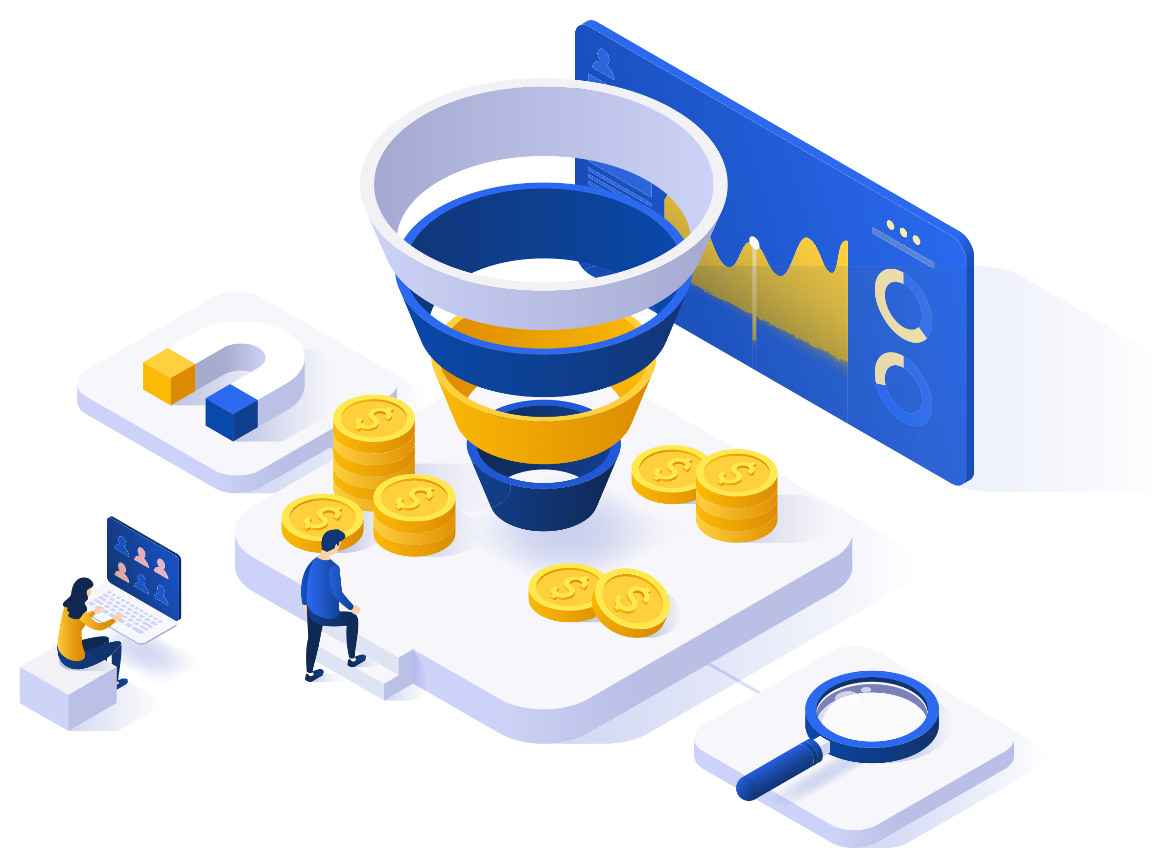 An illustrated funnel connecting interest with sales opportunities